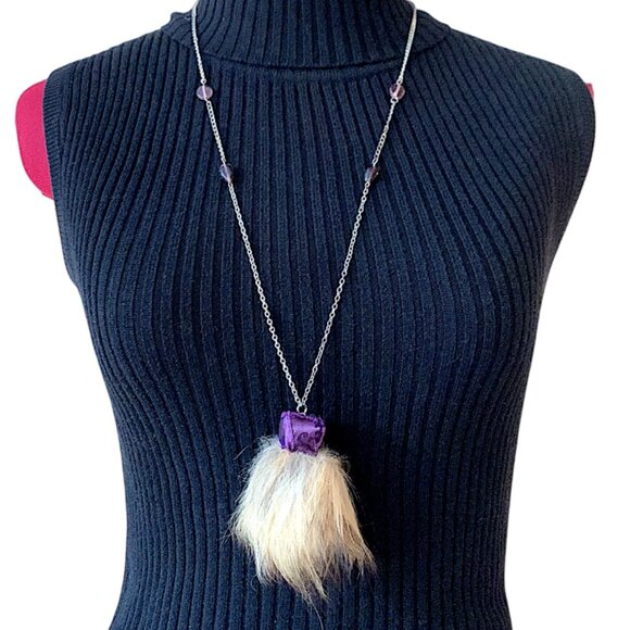 3x35$ 🐿 🍁  CREATION - OPERA long necklace - Recycle fur & ribbon pendant - Picture 1 of 7